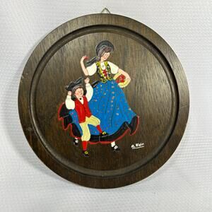 Vintage Handgemalt German Folk Art hand painted wood plaque plate Swiss made